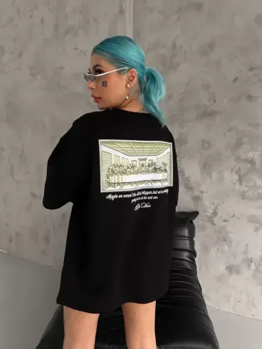 Unisex Baskılı Oversize T-Shirt - Siyah - M - Siyah