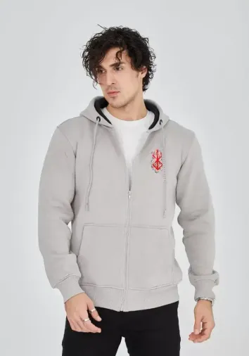Unisex Baskılı Tam Fermuarlı Kapşonlu SweatShirt - Boyalı Gri - L - Boyalı Gri