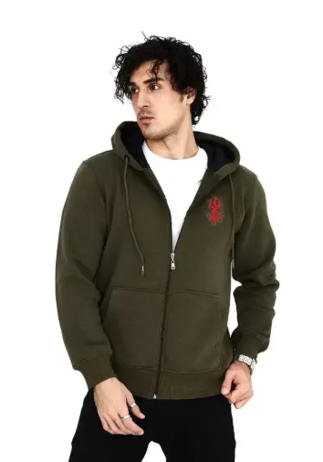 Unisex Baskılı Tam Fermuarlı Kapşonlu SweatShirt - Haki - 2XL - Haki