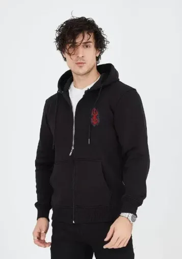 Unisex Baskılı Tam Fermuarlı Kapşonlu SweatShirt - Siyah - S - Siyah