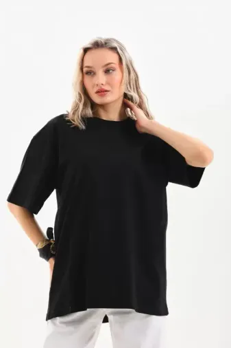 Unisex Bisiklet Yaka 20/1 Düz Oversize T-Shirt - Siyah - S - Siyah