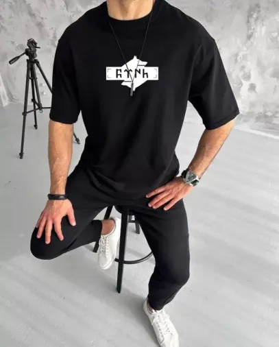 Unisex Bisiklet Yaka Baskılı Double Oversize T-Shirt - Siyah - XL - Siyah