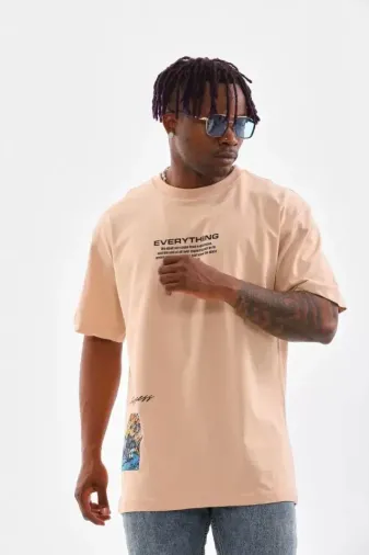 Unisex Bisiklet Yaka Baskılı Oversize T-Shirt - Bej - L - Bej