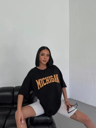 Unisex Bisiklet Yaka Baskılı Oversize T-Shirt - Beyaz - S - Siyah