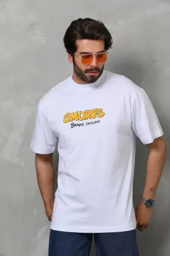 Unisex Bisiklet Yaka Baskılı Oversize T-Shirt - Beyaz - S - Siyah