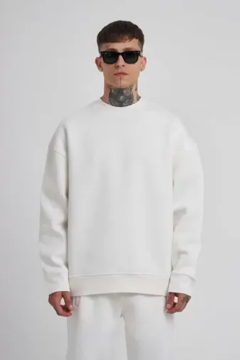 Unisex Biskilet Yaka Üç İplik SweatShirt - Beyaz - 2XL - Beyaz