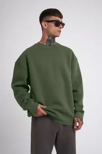 Unisex Biskilet Yaka Üç İplik SweatShirt - Haki - L - Haki
