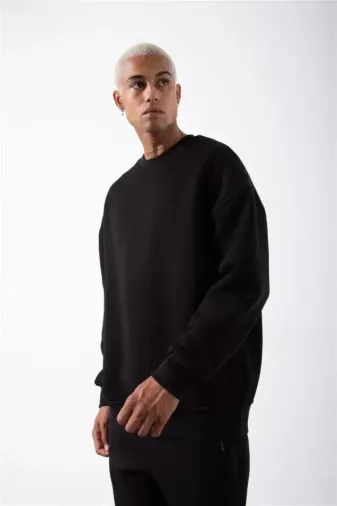 Unisex Biskilet Yaka Üç İplik SweatShirt - Siyah - L - Siyah