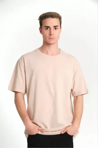 Unisex Düz Biskilet Yaka Oversize T-shirt - Bej - 2XL - Bej