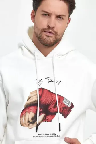 Unisex Kapüşonlu Üç İplik Oversize Baskılı Sweatshirt - Beyaz - L - Beyaz