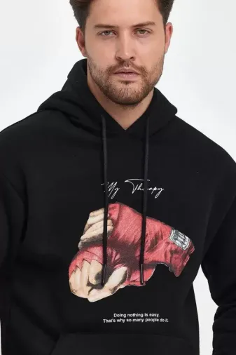 Unisex Kapüşonlu Üç İplik Oversize Baskılı Sweatshirt - Siyah - 2XL - Siyah