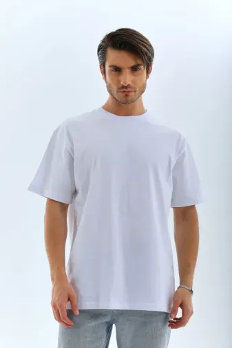 Unisex Oversize Düz Bisiklet Yaka T-Shirt - Beyaz - S - Beyaz