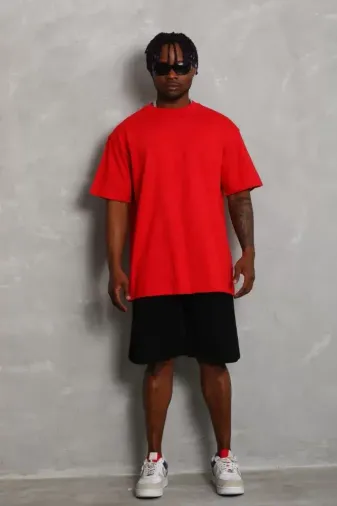 Unisex Oversize Düz Bisiklet Yaka T-Shirt - Kırmızı - L - Kırmızı