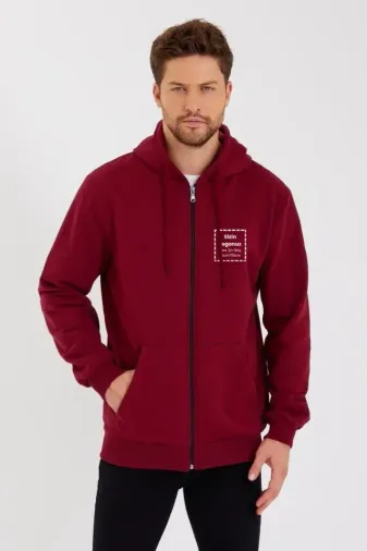 Unisex Tam Fermuarlı Kapşonlu Özel Tasarım SweatShirt - Bordo - M - Beyaz