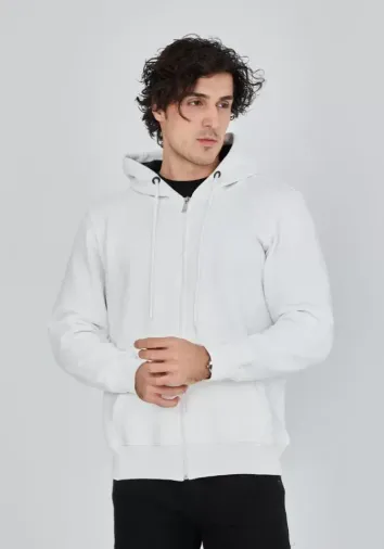 Unisex Tam Fermuarlı Kapşonlu SweatShirt - Beyaz - S - Beyaz