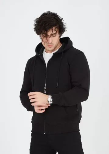 Unisex Tam Fermuarlı Kapşonlu SweatShirt - Siyah - L - Siyah