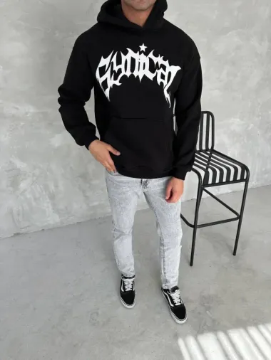 Unisex Üç İplik Kapşonlu Baskılı SweatShirt - Siyah - M - Siyah