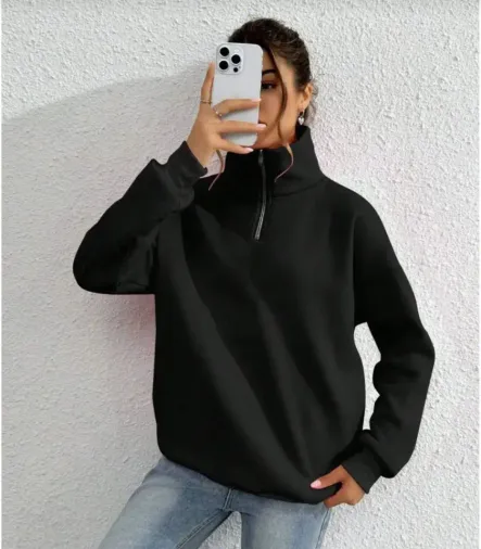 Unisex Uzun Kol Yarım Farmuarlı Yakalı Basic SweatShirt - Siyah - 2XL - Siyah