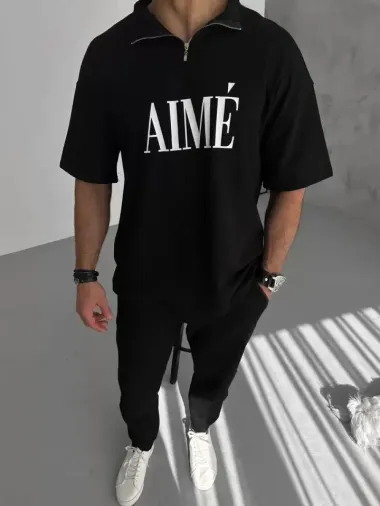 Unisex Yarım Fermuarlı Baskılı T-Shirt - Siyah - S - Siyah