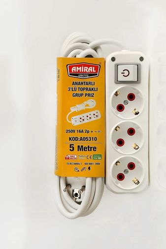 ureticiniz 55AH-AH-AVH-932 Amiral 3' Lü Topraklı Anahtarlı 5 Metre Kablolu Grup Priz 1