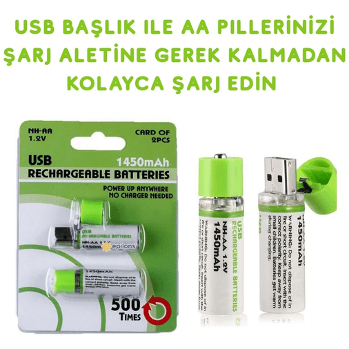Usb ile Şarj Olabilen 2 li 1450 mah Lityum Şarjlı Kalem Pil