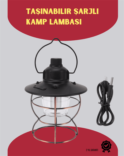 USB Şarjlı Retro LED Kamp Feneri – 4 Işık Modu, Su Geçirmez, Taşınabilir