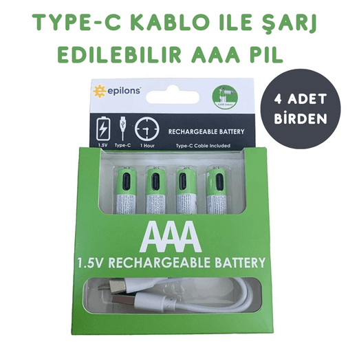 Usb Type-C ile Şarjolabilen 4 Adet AAA 1.5V Lityum Şarjlı Kalem Pil 750 mAH Uzun Ömürlü