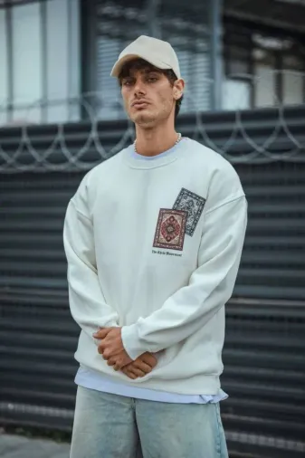 Uzun Kol Bisiklet Yaka Baskılı SweatShirt - Beyaz - L - Beyaz