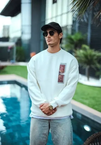 Uzun Kol Bisiklet Yaka Ön Ve Arka Baskılı SweatShirt - Beyaz - XL - Beyaz