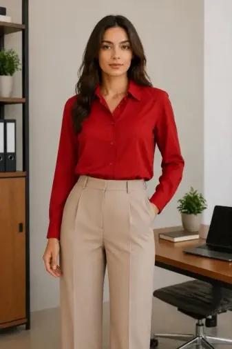 Uzun Kol Gömlek Düğmeli Klasik Yaka Günlük Ve Ofis Şıklığına Uygun - Kırmızı - S - Kırmızı