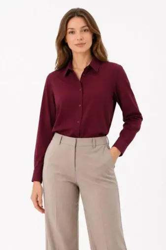 Uzun Kol Gömlek Düğmeli Klasik Yaka Günlük Ve Ofis Şıklığına Uygun - Bordo - 2XL - Bordo