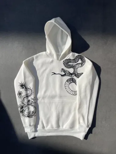 Uzun Kol Kapşonlu Baskılı SweatShirt - Beyaz - M - Beyaz
