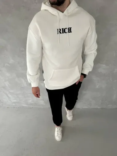 Uzun Kol Kapşonlu Göğüs Baskılı SweatShirt - Beyaz - XL - Beyaz