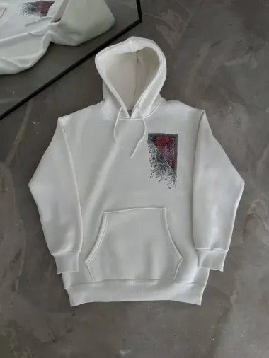 Uzun Kol Kapşonlu Ön Ve Arka Baskılı SweatShirt - Beyaz - XL - Beyaz