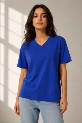 V Yaka Basic Tişört Kısa Kol Yazlık Regular Fit T-Shirt - Saks Mavisi - S - Saks Mavisi