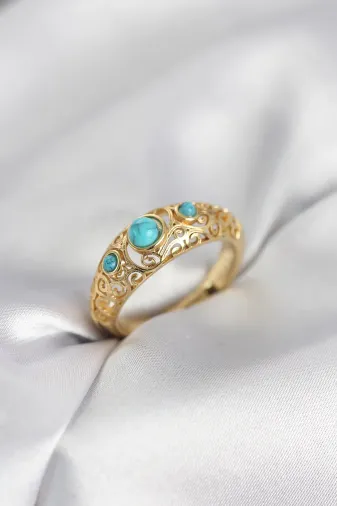 Vintage Model Mavi Taşlı Gold Renk Kadın Yüzük TJ-BYK4149