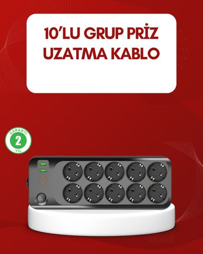 VINTESSY TKNUCZZZ10LUPRİZ-2MKR Usb Type-C Destekli 10 Lu Grup Priz Termal Korumalı 2M Kablo 2500W 0