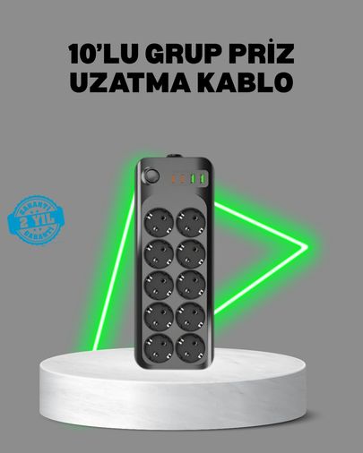 VINTESSY TKNUCZZZ10LUPRİZMKR Termal Akım Korumalı 10 Lu Grup Priz Usb Type-C Hızlı Şarj 2500W 2M Kablo 0