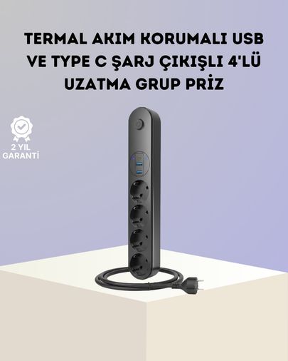 VINTESSY TKNUCZZZ3402PRİZ-1MKR Akım Korumalı Çoklu Priz 4 Lü 2 Usb 1 Type-C 2500W Güçlü Tasarım 0