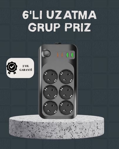 VINTESSY TKNUCZZZ6LIPRİZMKR Termal Akım Korumalı 6 Lı Uzatma Priz Usb Type-C Hızlı Şarj 2500W 0
