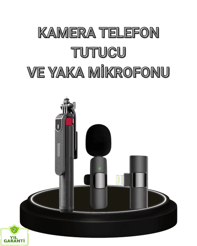 Vlog ve Canlı Yayın İçin Çift Yaka Mikrofonu ve Tripodlu Selfie Çubuğu Seti