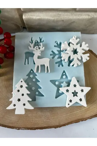WAMMOLDS wam615 Dört Motifli Delikli Yılbaşı Süsleri (Yıldız -Geyik-Kar Tanesi- Ağaç) Silikon Kalıp