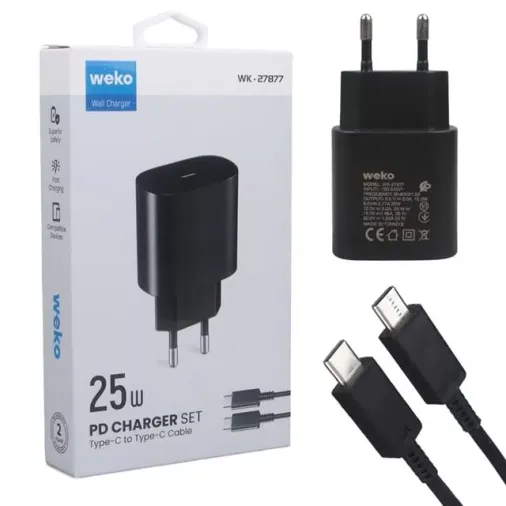 Weko Wk-27877 Note10 Siyah 25 Watt Şarj Başlık Adaptörü + Type-c To Type-c Kablo