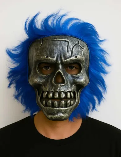 Wild Skull - Gümüş Kafatası Mavi Saçlı İskelet Maske (4745)