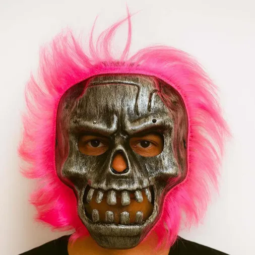 Wild Skull - Gümüş Kafatası Pembe Saçlı İskelet Maske