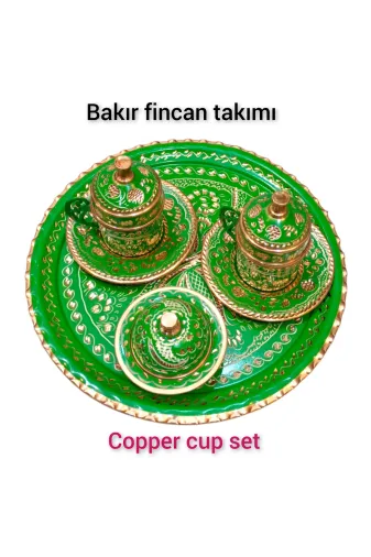 woodhub 896492749 Yeşil Bakır Kahve Fincan Takımı, 2 Kişilik Şık Ve Doğal Kahve Seti
