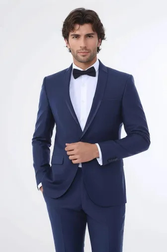 Yaka Pileli İndigo Slim Fit Damatlık Takım Elbise | Wessi - 46 / Blue