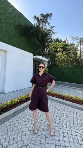 Yakalı Gömlek Kemerli Şortlu Takım - Bordo - M - Bordo