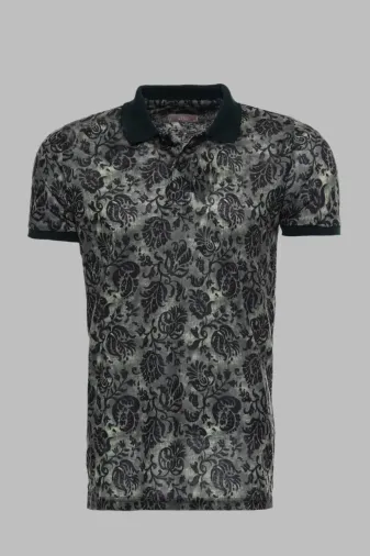 Yeşil Çiçek Desenli Polo Yaka T-shirt - Wessi