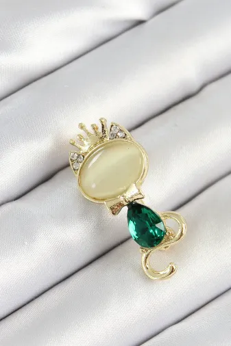 Yeşil Damla Zirkon Taşlı Kraliçe Taçlı Kedi Figürlü Gold Renk Kadın Broş TJ-BR450